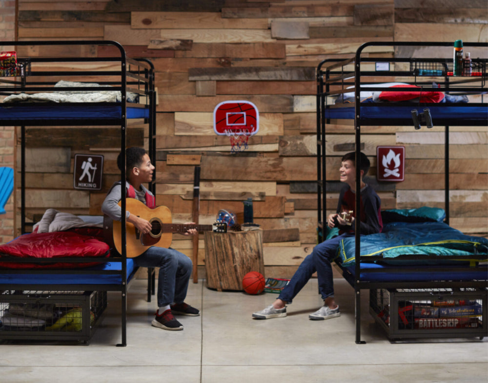 Heavy duty steel bunk beds installed in a shared accommodation room