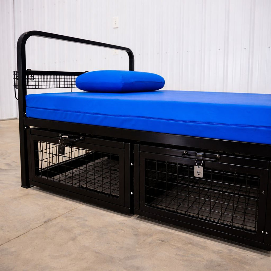 Heavy duty steel single bed with easy-clean mattress and under-bed steel lockers